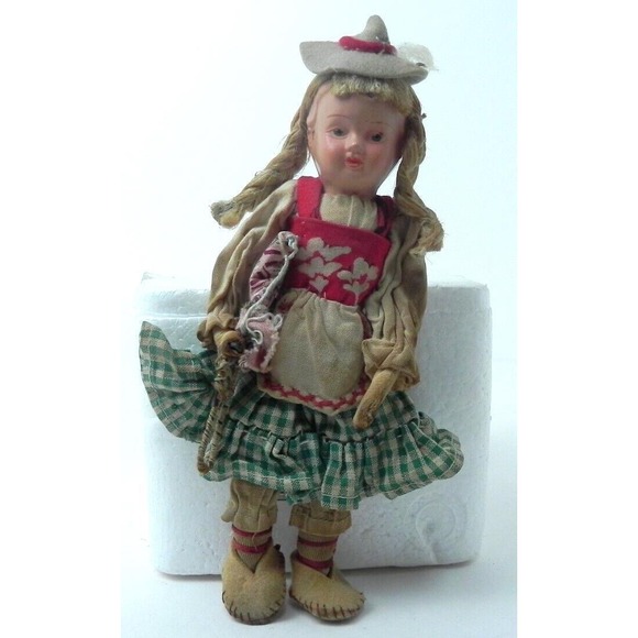 Antique German Celluloid Doll Straw Body Clothes Sewn onto Doll 8" tall - Picture 1 of 6